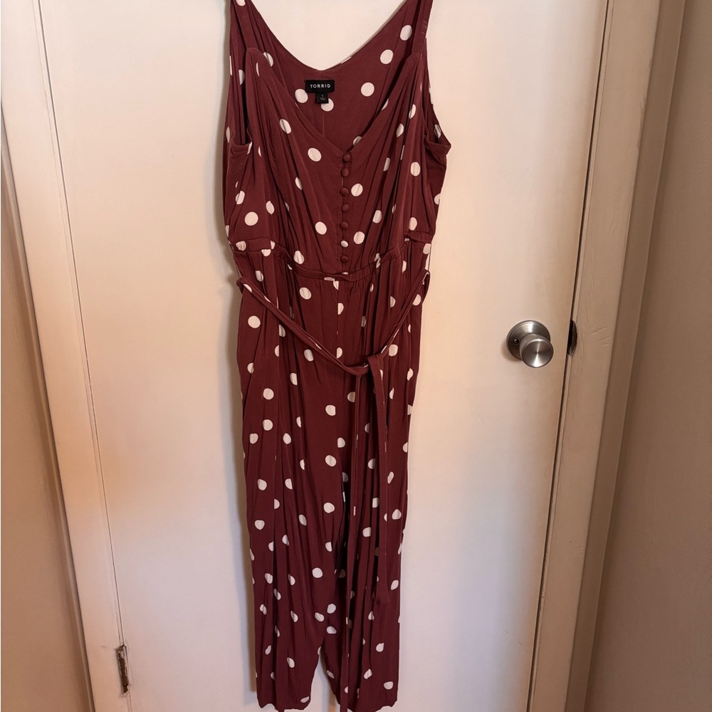 Torrid Burgundy and White Polka Dot Jumpsuit